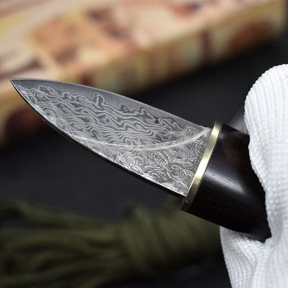 Mini Damascus Fixed Blade Knife Olive Design Ebony Wood Handle Sheath EDC Outdoor Tool Samurai Style EDC Camping, Hunting, Self-defense Tactics, Practical Survival