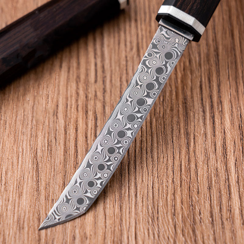 Hand Forged Damascus Knife Ebony Handle Small Outdoor Sharp Cutter EDC Camping, Hunting, Self-defense Tactics, Practical Survival