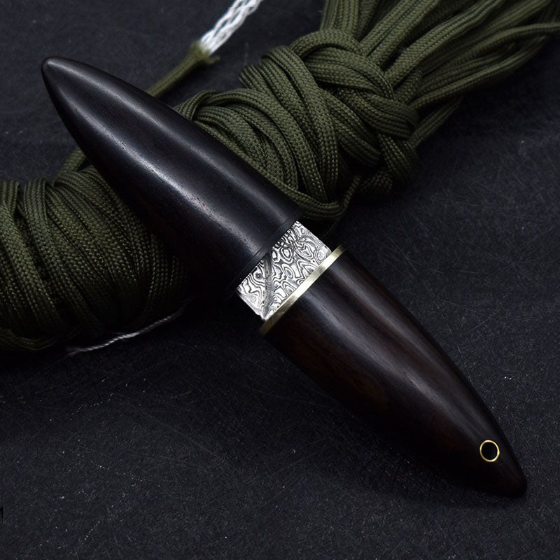 Mini Damascus Fixed Blade Knife Olive Design Ebony Wood Handle Sheath EDC Outdoor Tool Samurai Style EDC Camping, Hunting, Self-defense Tactics, Practical Survival