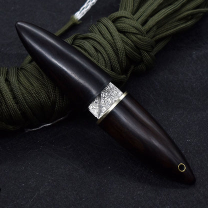 Mini Damascus Fixed Blade Knife Olive Design Ebony Wood Handle Sheath EDC Outdoor Tool Samurai Style EDC Camping, Hunting, Self-defense Tactics, Practical Survival