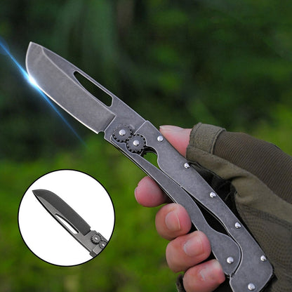 New Vintage Folding Camping Knife – Sharp High-Carbon Steel Blade with Blackened Stonewashed Finish, Portable Gear Design for Outdoor Survival and EDC