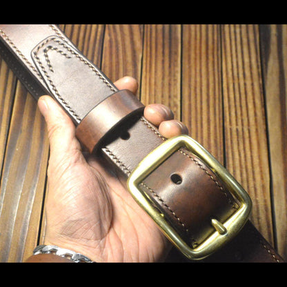 Hand Sewing Thread Custom made Full grain Saddle Leather Durable Belt With Brass Buckle