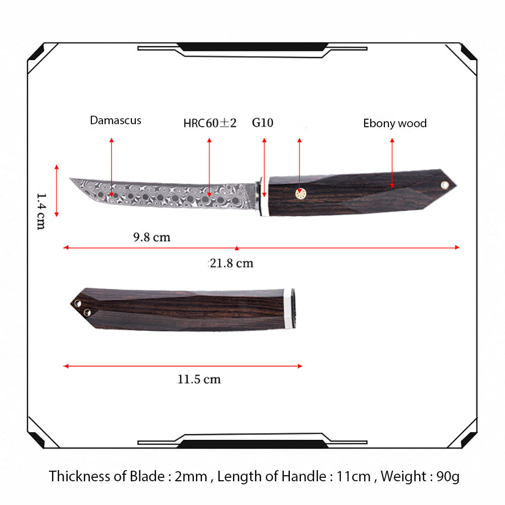 Hand Forged Damascus Knife Ebony Handle Small Outdoor Sharp Cutter EDC Camping, Hunting, Self-defense Tactics, Practical Survival