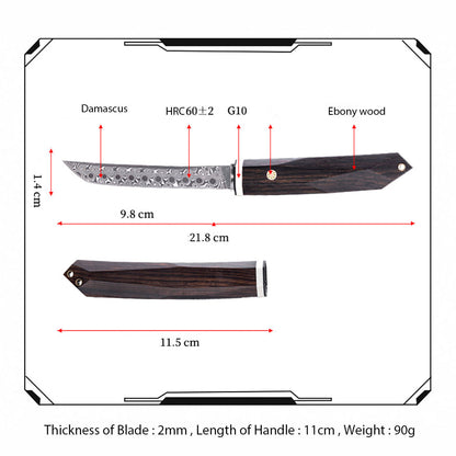 Hand Forged Damascus Knife Ebony Handle Small Outdoor Sharp Cutter EDC Camping, Hunting, Self-defense Tactics, Practical Survival
