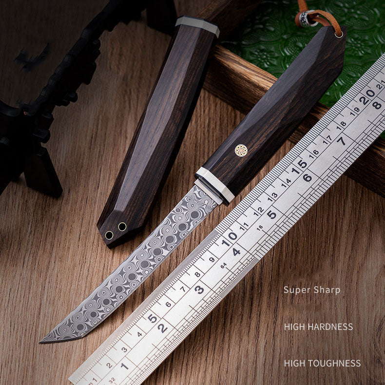Hand Forged Damascus Knife Ebony Handle Small Outdoor Sharp Cutter EDC Camping, Hunting, Self-defense Tactics, Practical Survival