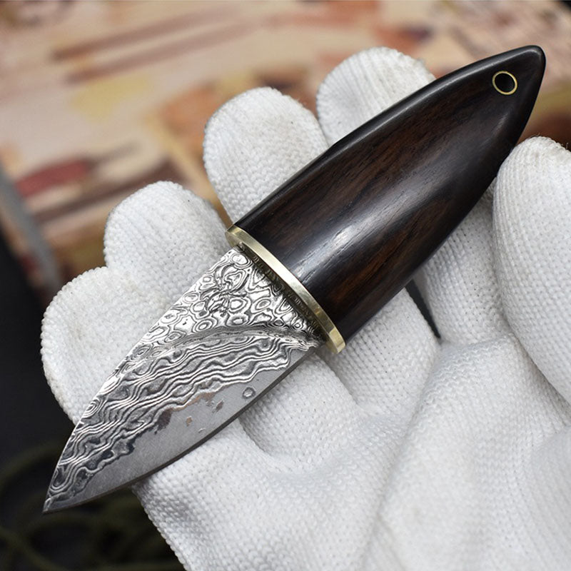 Mini Damascus Fixed Blade Knife Olive Design Ebony Wood Handle Sheath EDC Outdoor Tool Samurai Style EDC Camping, Hunting, Self-defense Tactics, Practical Survival