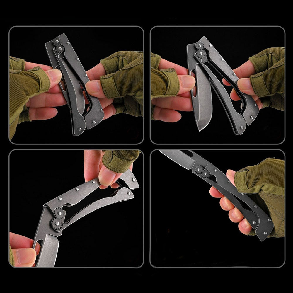 New Vintage Folding Camping Knife – Sharp High-Carbon Steel Blade with Blackened Stonewashed Finish, Portable Gear Design for Outdoor Survival and EDC