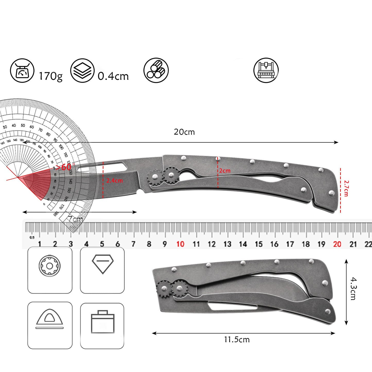 New Vintage Folding Camping Knife – Sharp High-Carbon Steel Blade with Blackened Stonewashed Finish, Portable Gear Design for Outdoor Survival and EDC