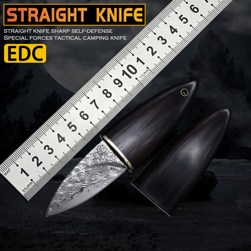 Mini Damascus Fixed Blade Knife Olive Design Ebony Wood Handle Sheath EDC Outdoor Tool Samurai Style EDC Camping, Hunting, Self-defense Tactics, Practical Survival
