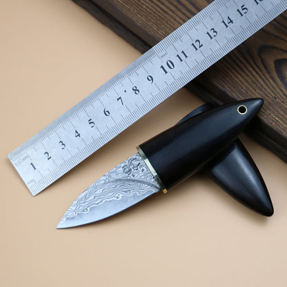 Mini Damascus Fixed Blade Knife Olive Design Ebony Wood Handle Sheath EDC Outdoor Tool Samurai Style EDC Camping, Hunting, Self-defense Tactics, Practical Survival