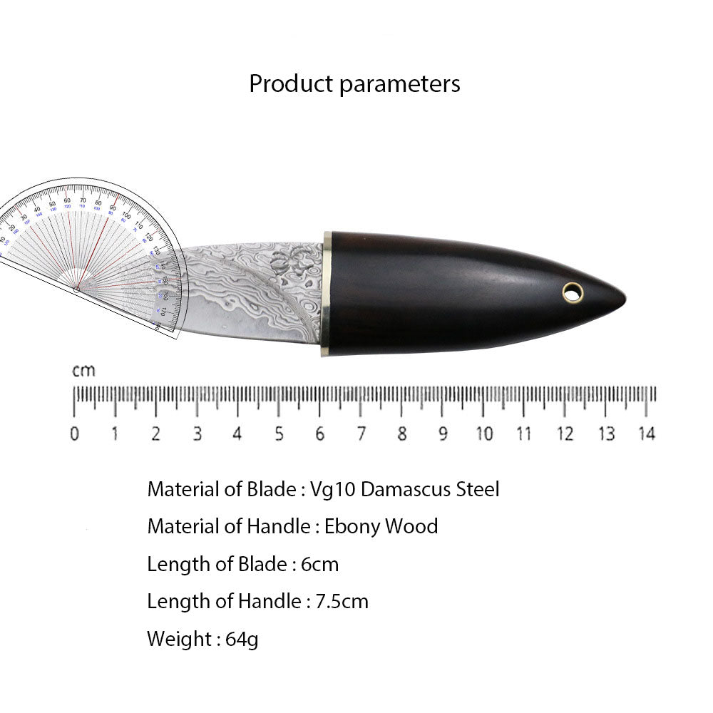 Mini Damascus Fixed Blade Knife Olive Design Ebony Wood Handle Sheath EDC Outdoor Tool Samurai Style EDC Camping, Hunting, Self-defense Tactics, Practical Survival