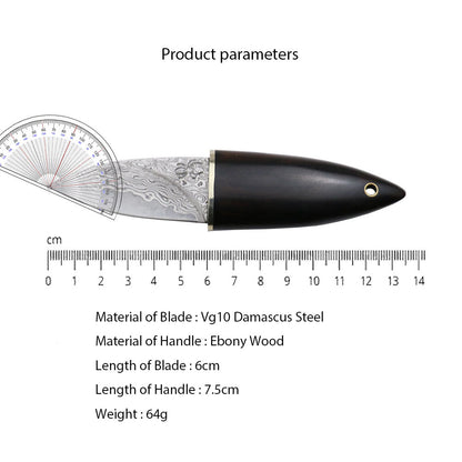 Mini Damascus Fixed Blade Knife Olive Design Ebony Wood Handle Sheath EDC Outdoor Tool Samurai Style EDC Camping, Hunting, Self-defense Tactics, Practical Survival