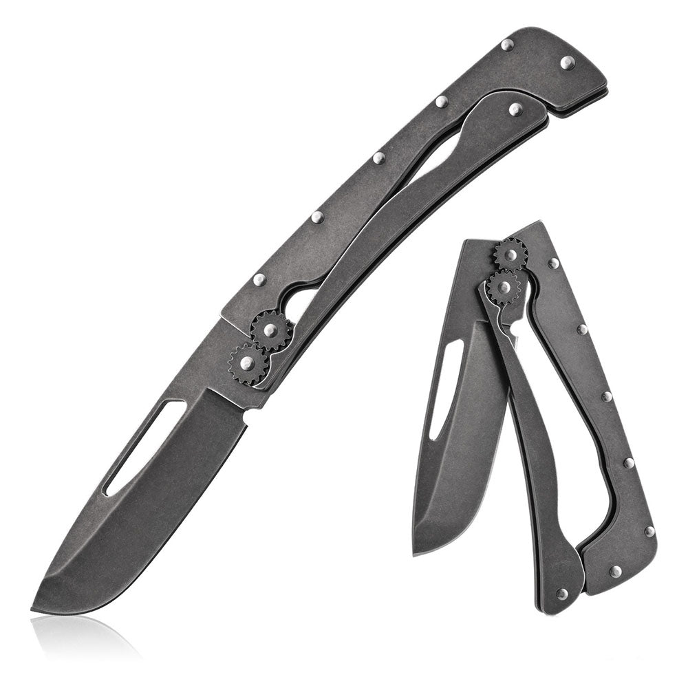 New Vintage Folding Camping Knife – Sharp High-Carbon Steel Blade with Blackened Stonewashed Finish, Portable Gear Design for Outdoor Survival and EDC