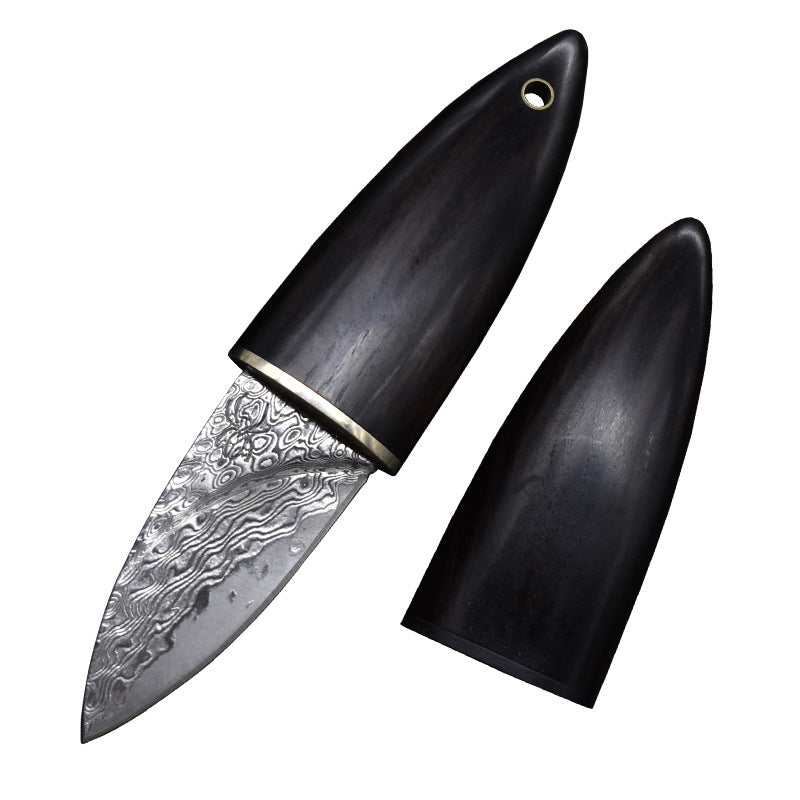 Mini Damascus Fixed Blade Knife Olive Design Ebony Wood Handle Sheath EDC Outdoor Tool Samurai Style EDC Camping, Hunting, Self-defense Tactics, Practical Survival