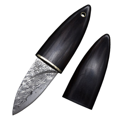 Mini Damascus Fixed Blade Knife Olive Design Ebony Wood Handle Sheath EDC Outdoor Tool Samurai Style EDC Camping, Hunting, Self-defense Tactics, Practical Survival
