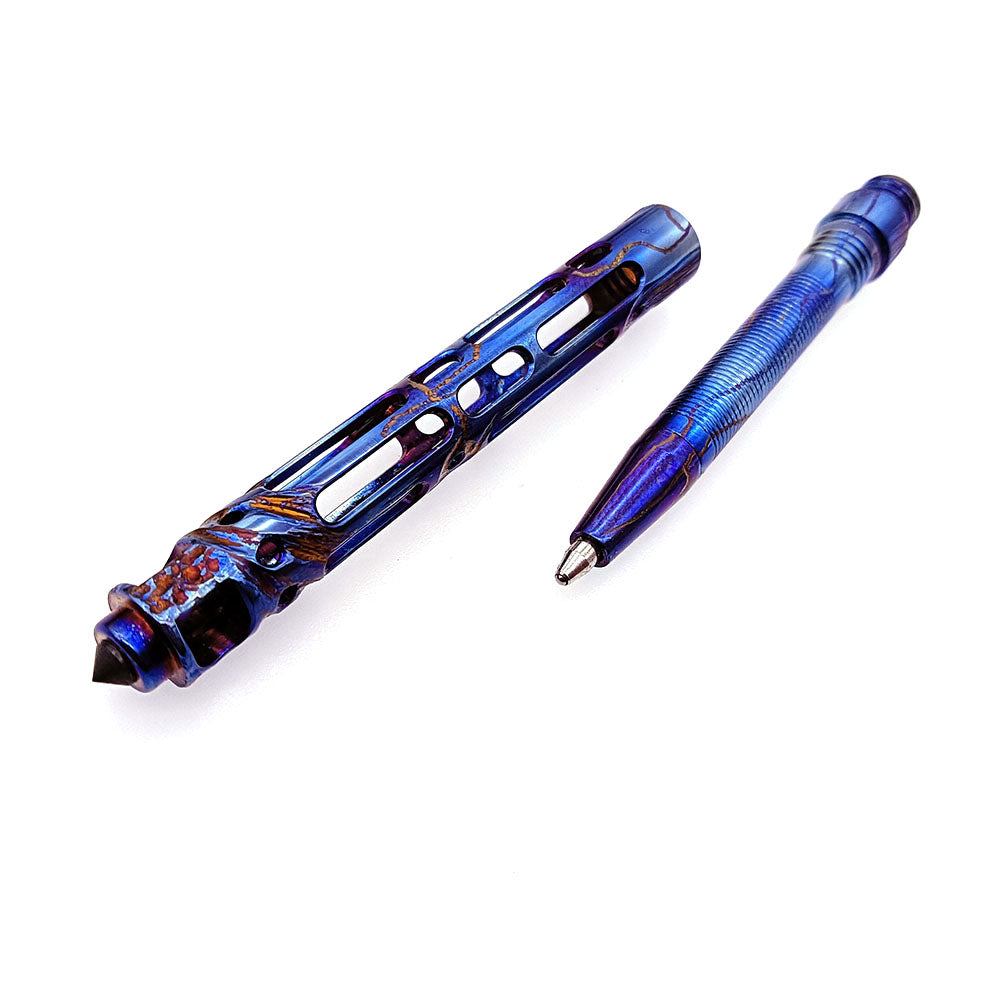 Mini Titanium Alloy Hand Carved Baked Blue Pen Portable Pendant EDC Gift