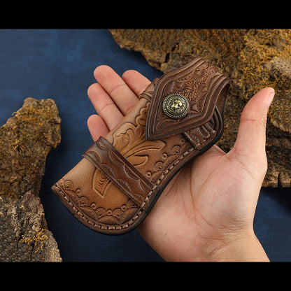 Hand Made Carved Veg Tanned Leather Sheath Folding Knife Cover Pouch Belt Clip