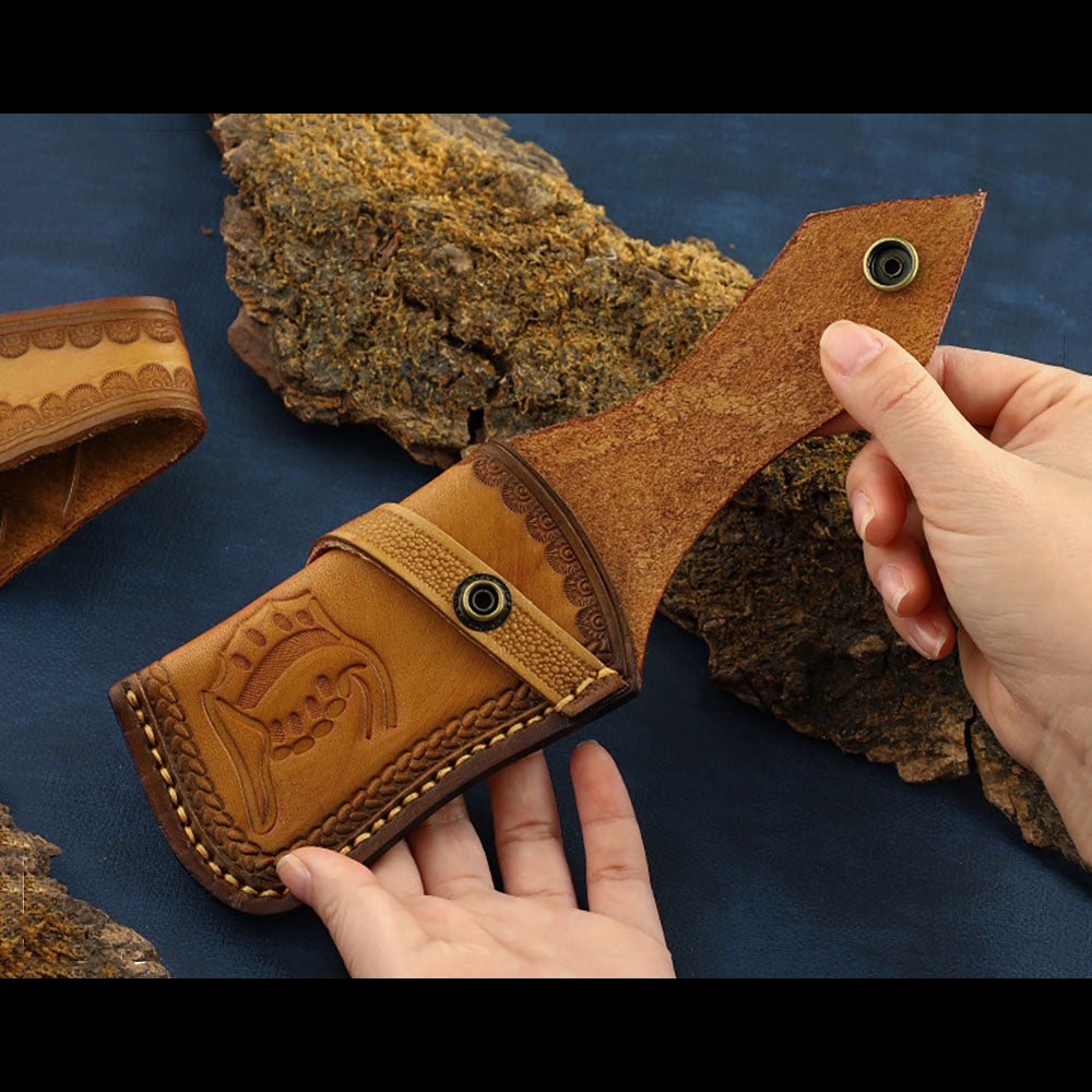 Hand Made Carved Veg Tanned Leather Sheath Folding Knife Cover Pouch Belt Clip