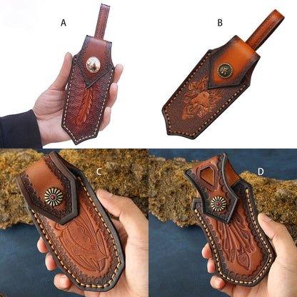 Hand Craft Carved Cowhide Leather Sheath For Folding Knife Cover Pouch Belt Clip