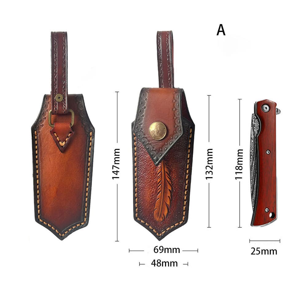 Hand Craft Carved Cowhide Leather Sheath For Folding Knife Cover Pouch Belt Clip