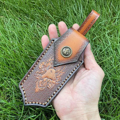 Hand Craft Carved Cowhide Leather Sheath For Folding Knife Cover Pouch Belt Clip