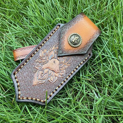 Hand Craft Carved Cowhide Leather Sheath For Folding Knife Cover Pouch Belt Clip