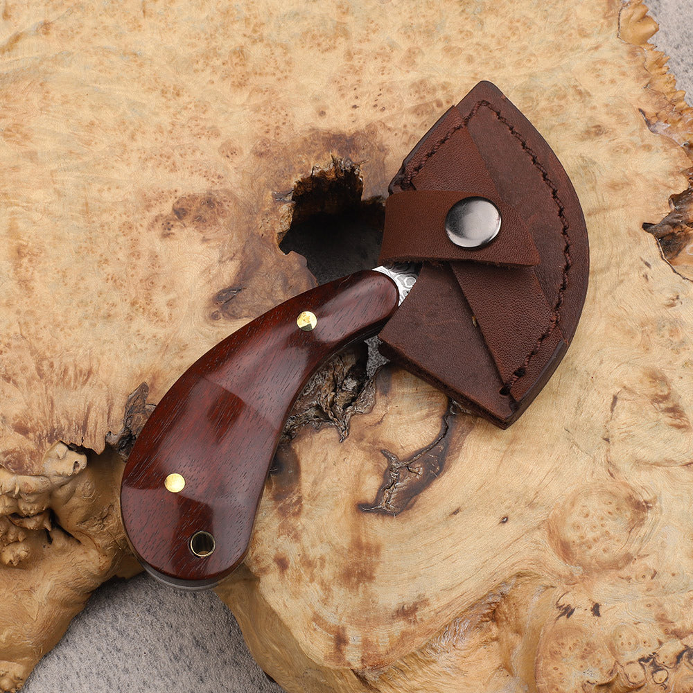 Small Damascus Round Head Knife Leather Craft Cutter Rosewood Handle EDC Tools