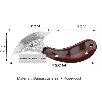 Small Damascus Round Head Knife Leather Craft Cutter Rosewood Handle EDC Tools