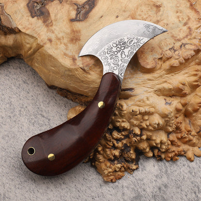 Small Damascus Round Head Knife Leather Craft Cutter Rosewood Handle EDC Tools