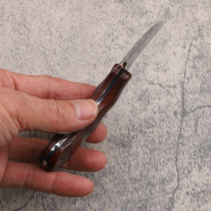 Small Damascus Round Head Knife Leather Craft Cutter Rosewood Handle EDC Tools