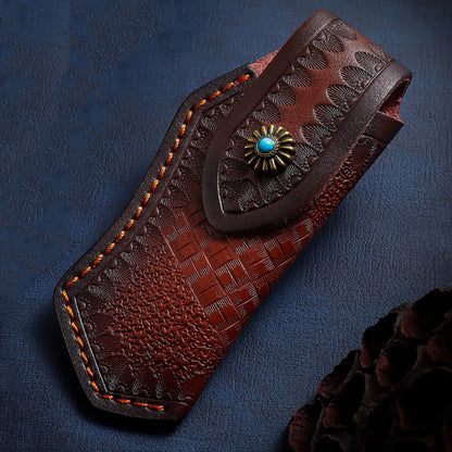 Hand Made Carved Genuine Leather Sheath For Folding Knife Cover Pouch Belt Clip