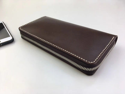 handmade vegetable tanned leather craft long wallet with zipper cowhide handbags