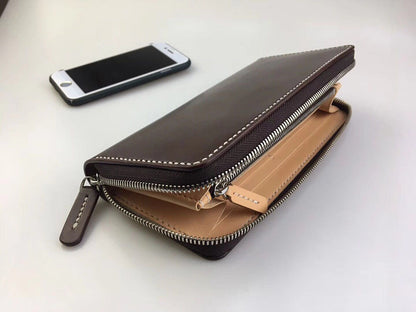 handmade vegetable tanned leather craft long wallet with zipper cowhide handbags