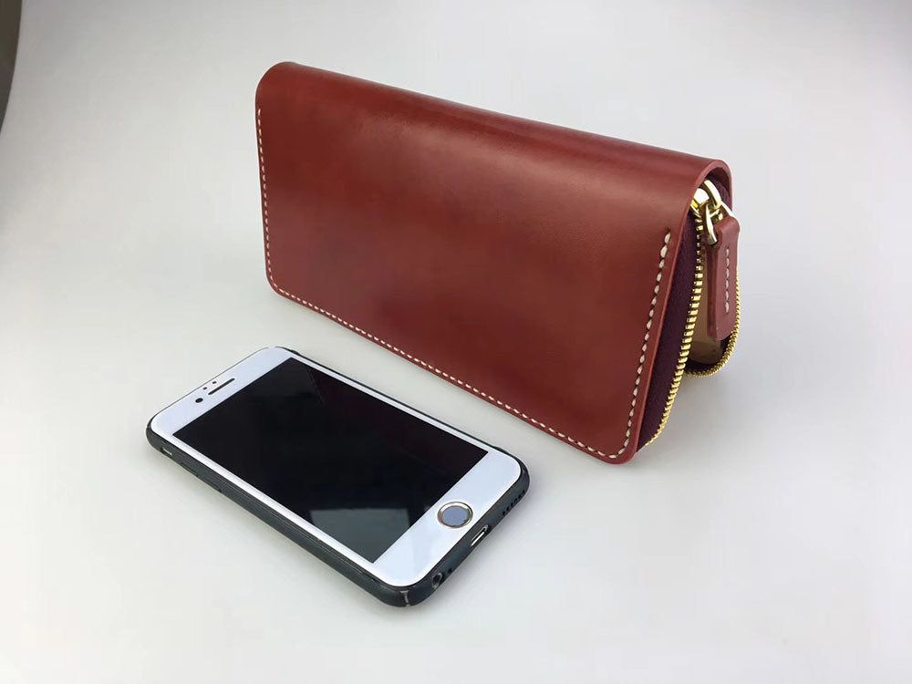 handmade vegetable tanned leather craft long wallet with zipper cowhide handbags