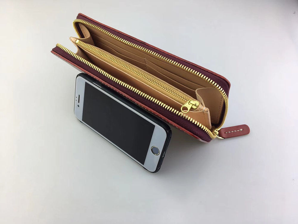 handmade vegetable tanned leather craft long wallet with zipper cowhide handbags