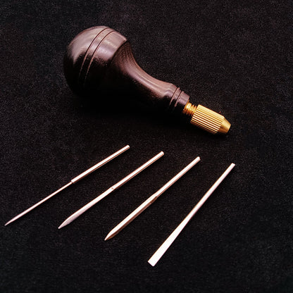 Leather Craft Wooden Handle Hand Sewing Needle Chisel Head Replaceable Awl Tools