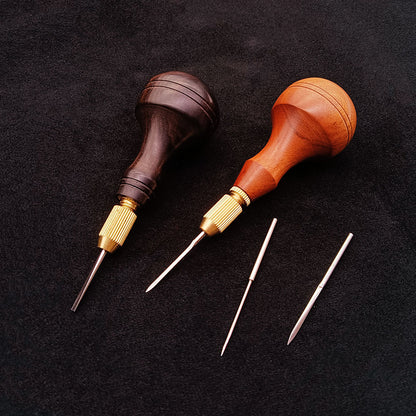 Leather Craft Wooden Handle Hand Sewing Needle Chisel Head Replaceable Awl Tools